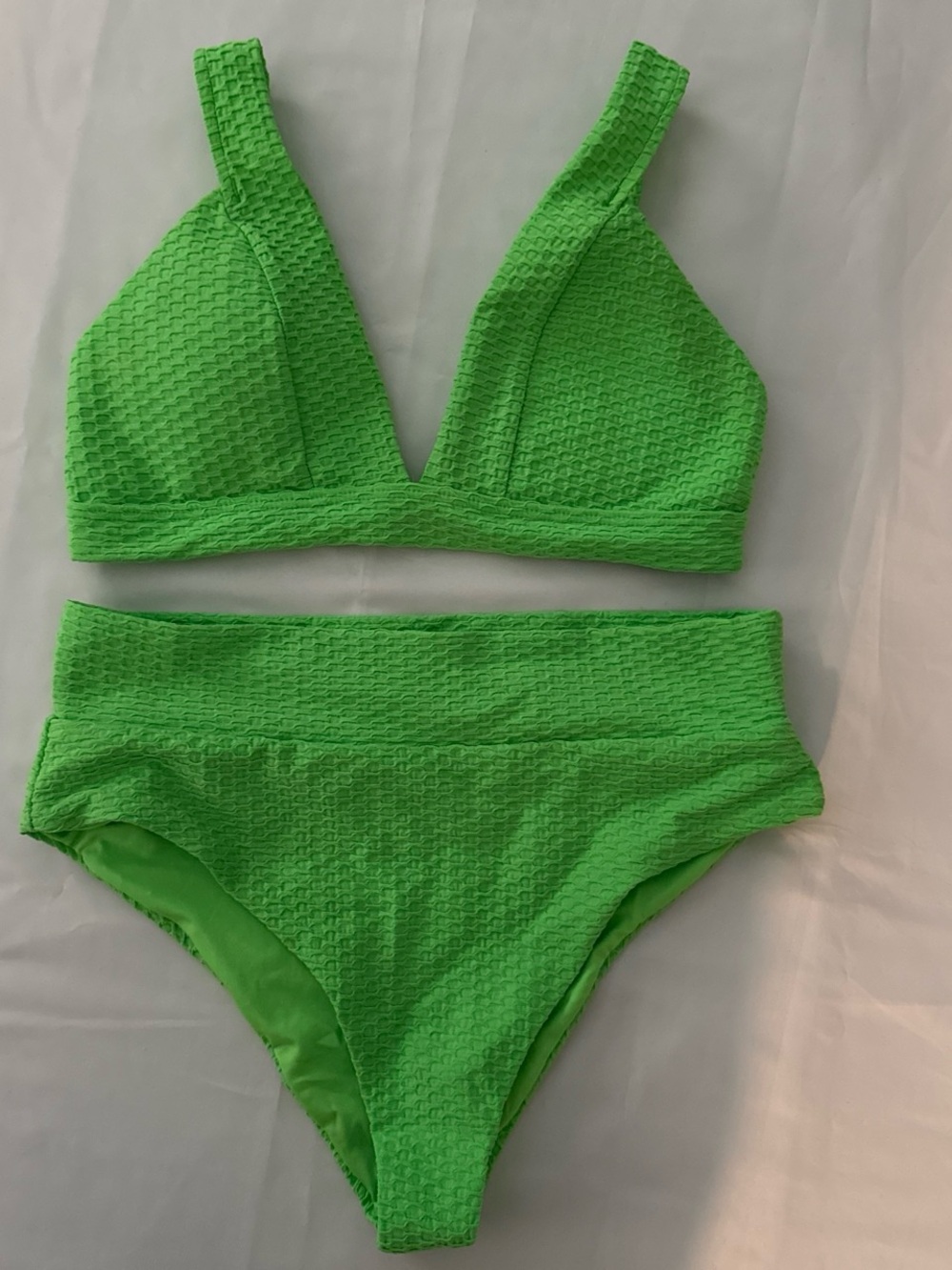 Infamous Swim Textured V-Neck High-Waist Bikini Set in Bright Green